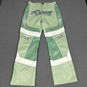 boohooMAN Racing Faux Leather Moto Pants Green White RB Flared Zip Cuff US 30